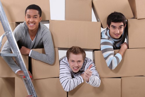 Professional movers carrying boxes through a central London property