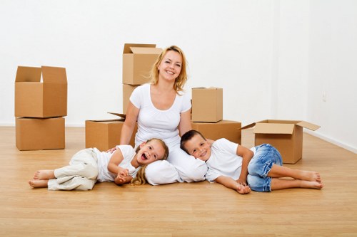 Packed office items ready for transport during a Knightsbridge business move