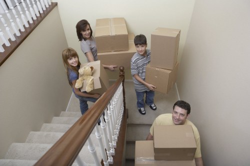 Packed office boxes and equipment ready for relocation